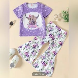 Girl T-Shirt with Highland Cow and Flared Floral Pants